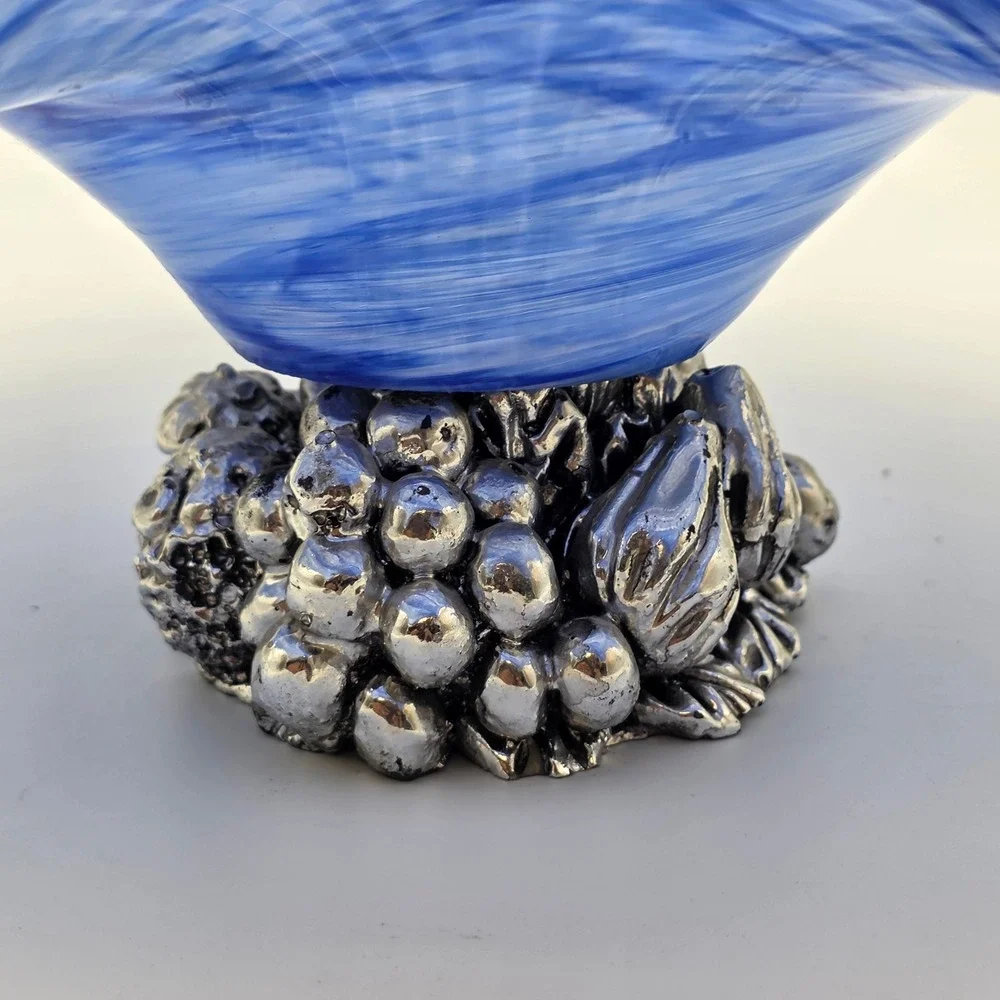Cristalli d'Oggi Bowl Murano Glass Silver Fruit Base blue White Swirl 12in